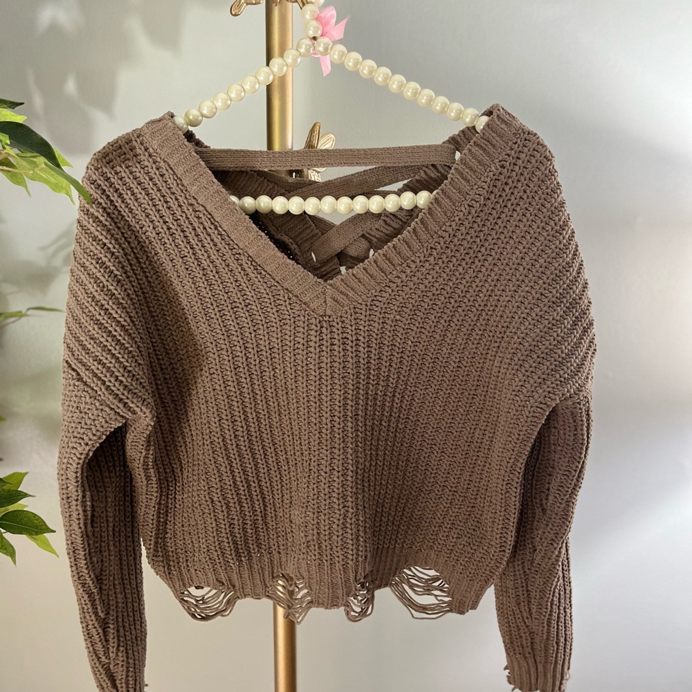 Brown V-Neck Distressed Sweater
